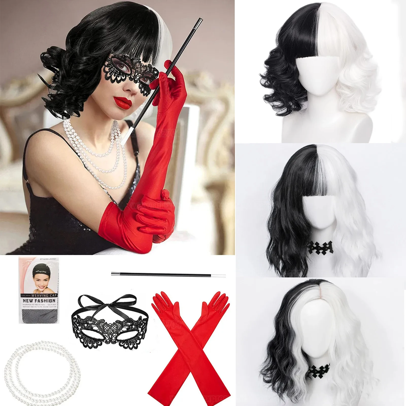 Cosplay Anime White Hair - Peluca de cosplay de Cruella de